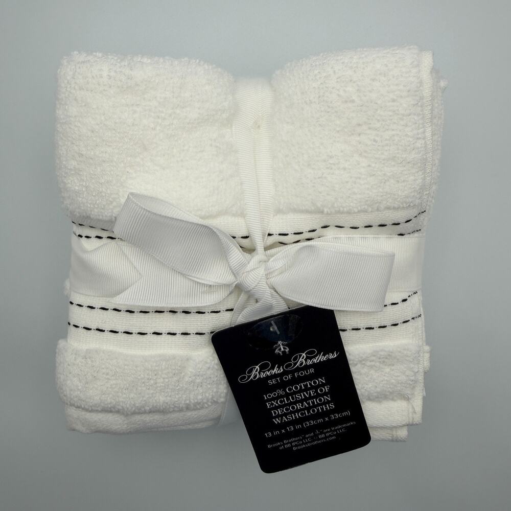 Brooks Brothers 100% Cotton Washcloths Set of 4 White Black Stitch 13x13" NWT